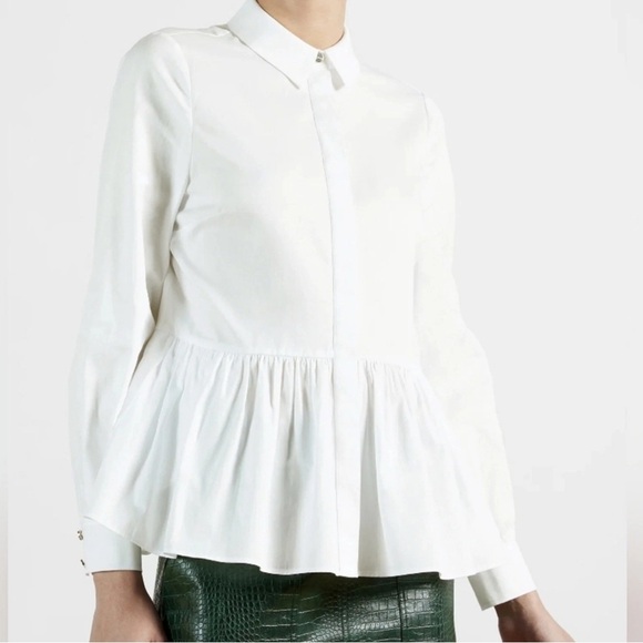 Ted Baker Tops - Ted Baker Shirt Women's 3 White Button Up Long Sleeve Cannon Gathered Peplum